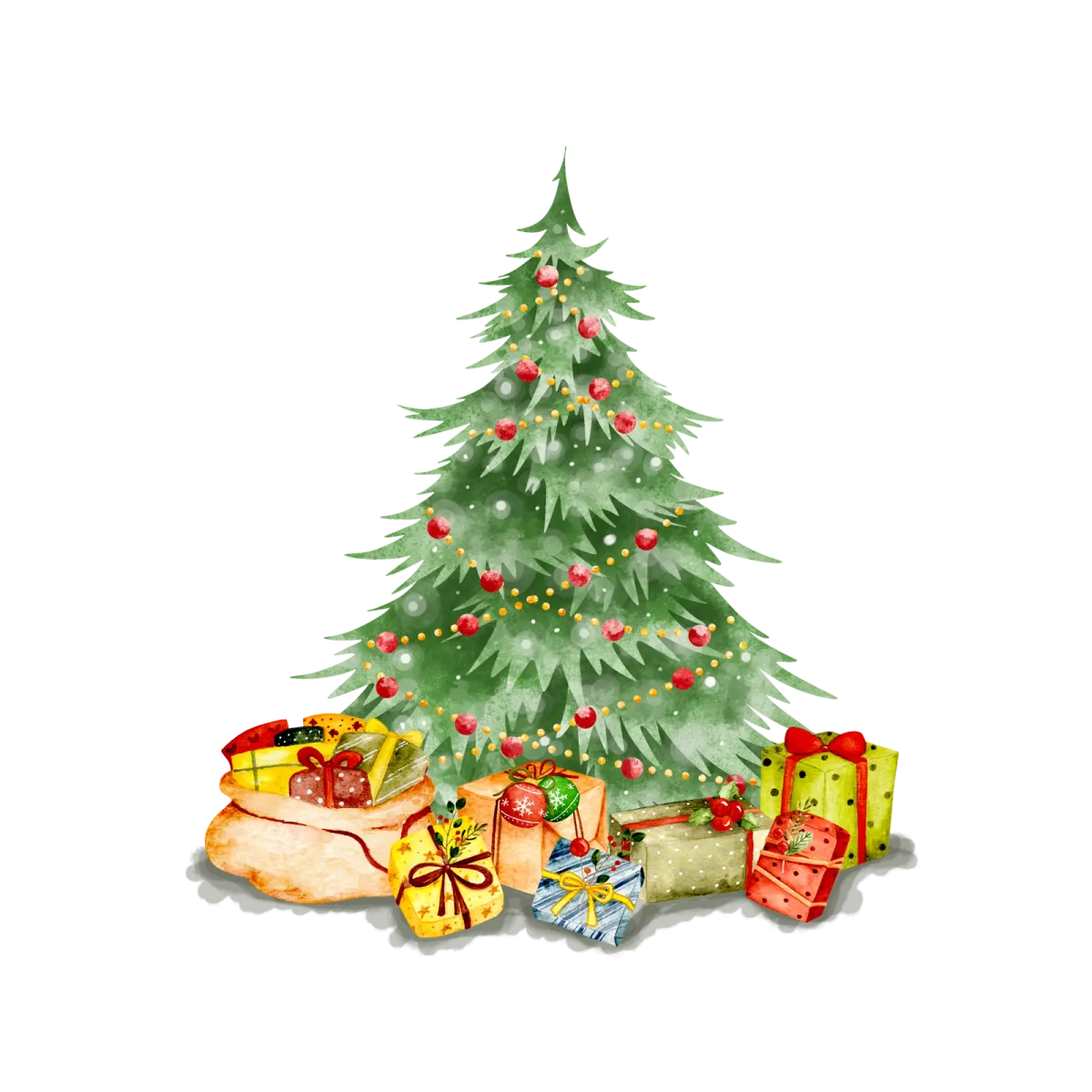 Watercolour Christmas tree surrounded by gifts
