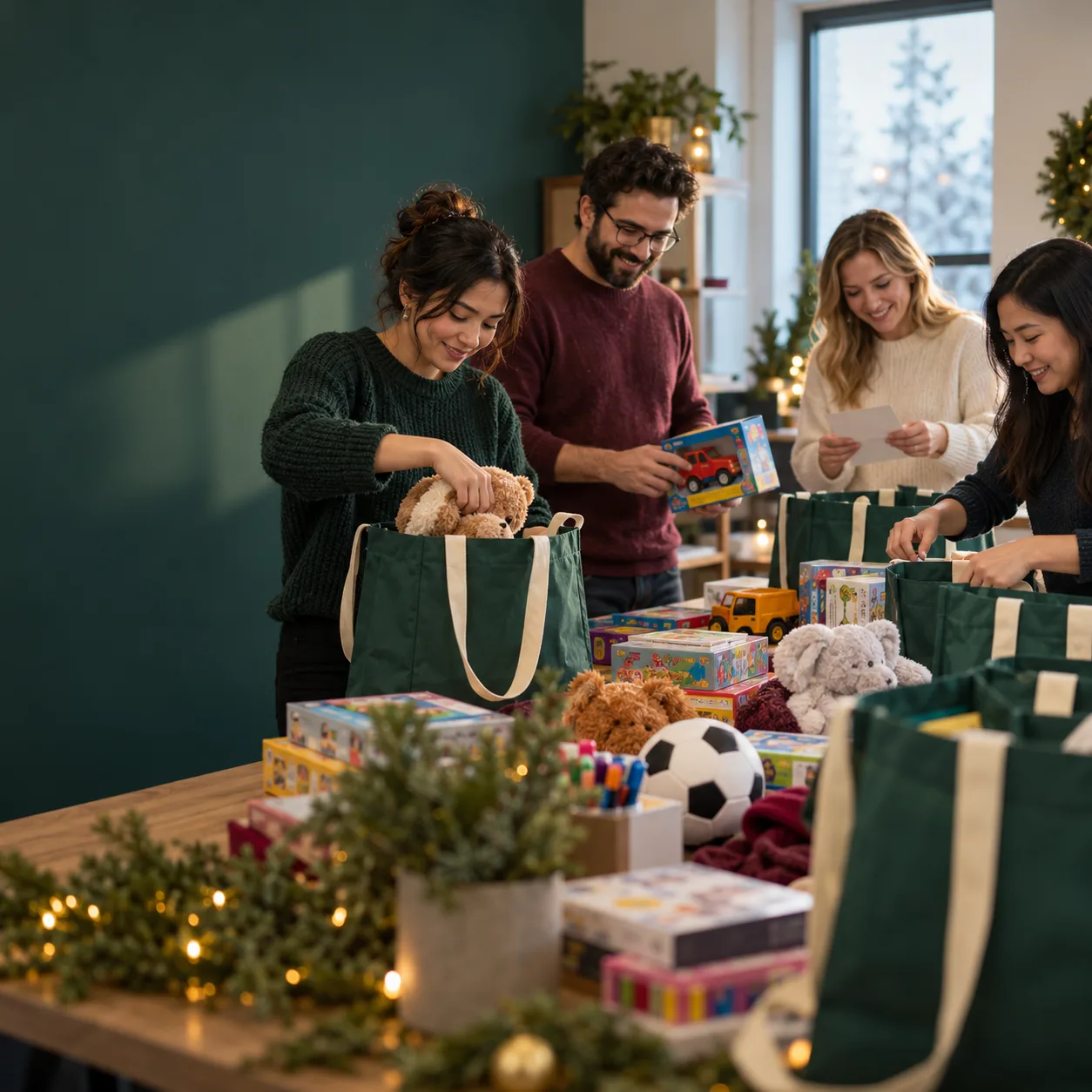 Coworkers organizing new toys and reusable gift bags together