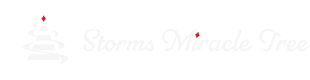 Storms Miracle Tree logo in White and red.